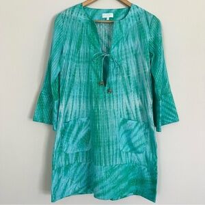 Karma Beach 3/4 Sleeve Beach Cover Up Turquoise with Silver Stripes, Size 4 NWOT